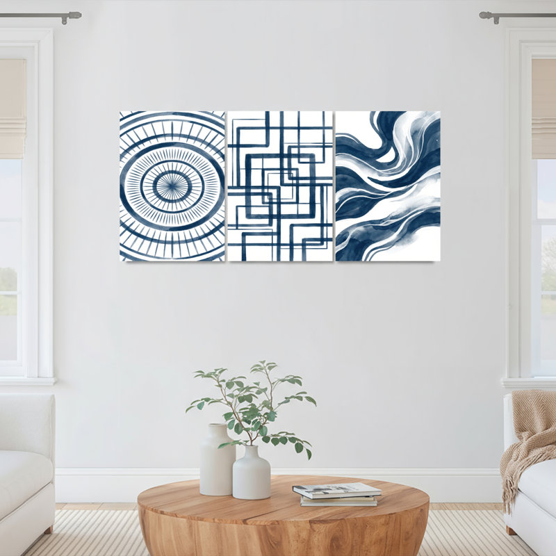 Ensemble de 3 tableaux sur toile à motifs géométriques abstraits et ondulés, H 36 po x l 72 po