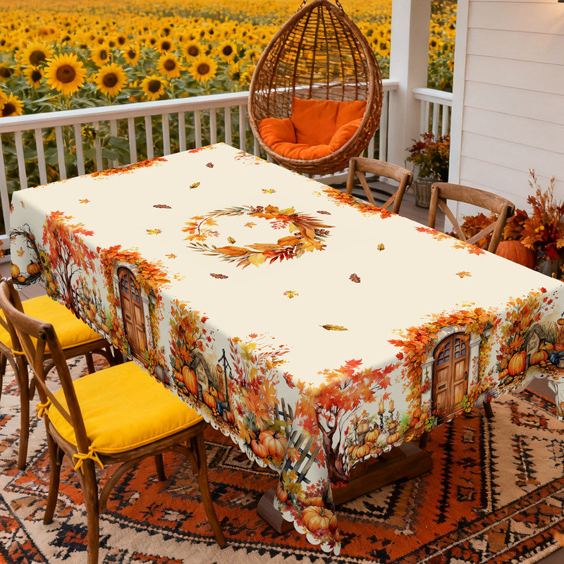 Golden Maple Leaf Pattern Washable Polyester Tablecloth, 86.6" L x 70.8" W