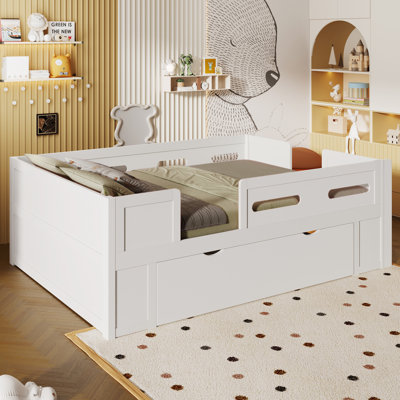 Lit plateforme double en bois avec tiroir de rangement et garde-corps, blanc