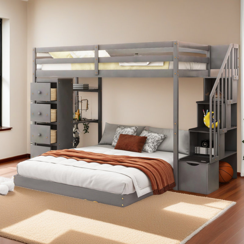 Twin Over Full Bunk Bed With 3-Layer Shelves, Drawers And Storage Stairs, Gray