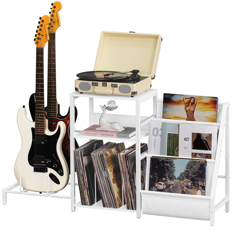 Support pour tourne-disque avec rangement en vinyle et support de guitare réglable, Blanc