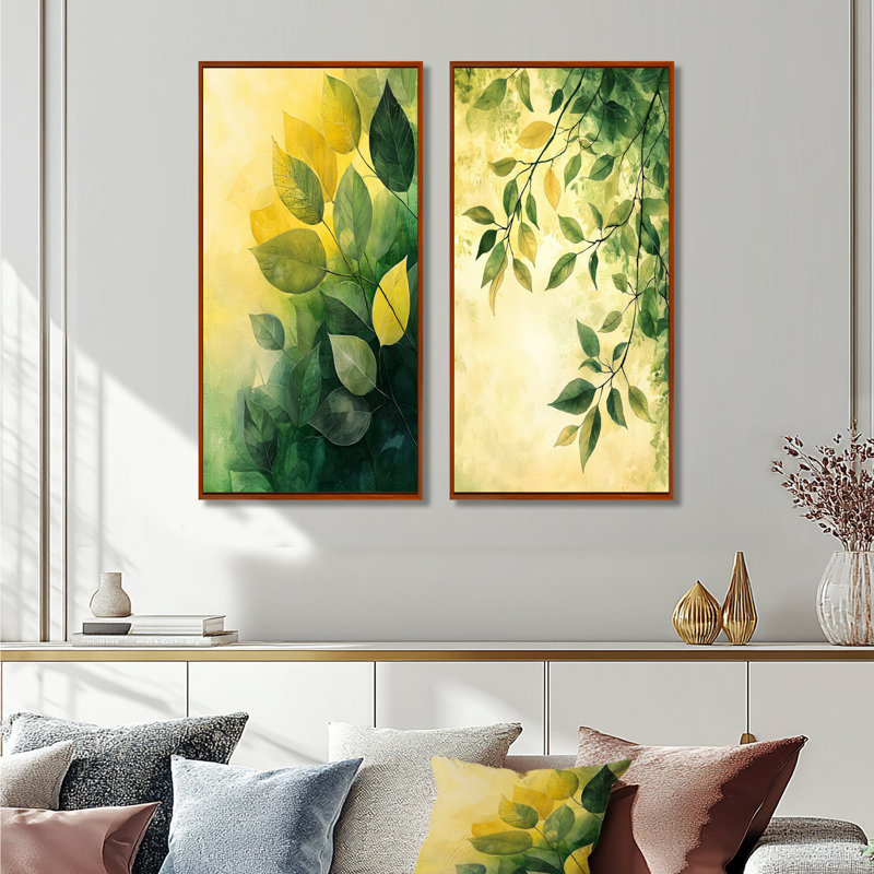 Feuillage vert et jaune, collage de feuilles I - art mural floral 2 panneaux, H 28 po x l 25 po, Cadre flottant brun