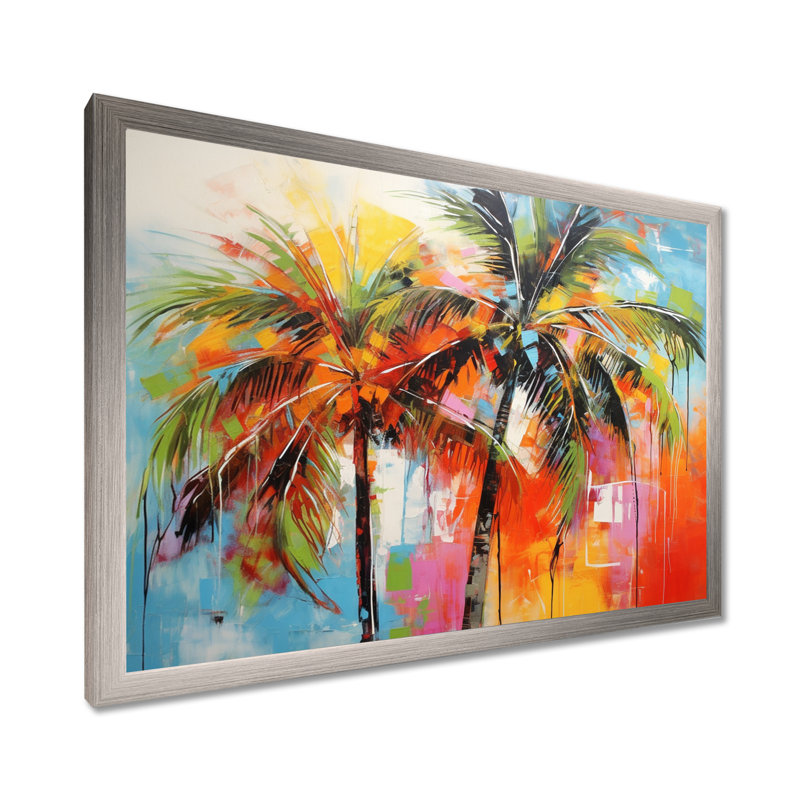 «Popart Palm Trees I», reproduction d'art sur toile Palm Trees, Cadre simple argenté, H 16 po x l 32 po x P 1 po