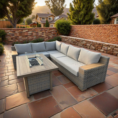Naples 5-Piece Wicker Aluminum Outdoor Patio Fire Pit Deep Sectional Seating Set with  Cast Ash Cushions