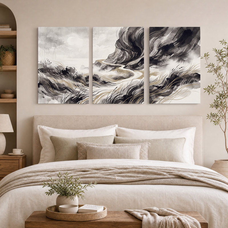 Ensemble de 3 toiles murales monochromes représentant un paysage de rivière avec des herbes dorées., 18"H x 12"W x 3pcs