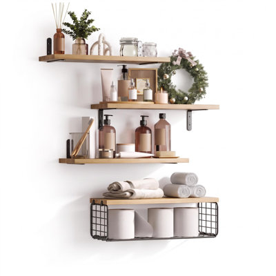 4-Pack Floating Shelves Wall Mounted with Wire Baskets – Rustic Natural Wood & Metal Ledge for Kitchen, Bathroom, Bedroom Storage – 15.7" Wide, Log Finish