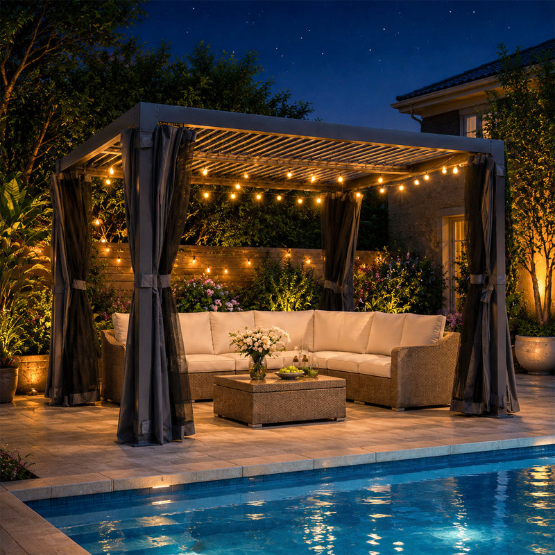 Pergola à persiennes Aurestead, pergola réglable en aluminium avec toits à persiennes indépendants, rideaux et moustiquaire