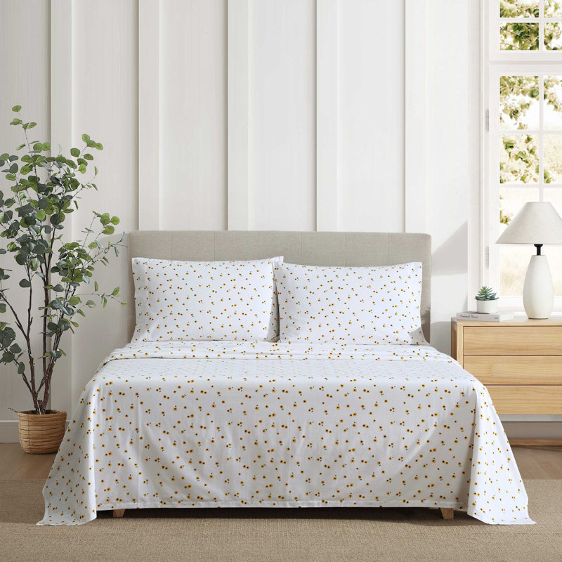 Ensemble de draps en percale de coton Shasta Lake , Ensemble de draps pour grand lit avec 2 taies d'or, Tournesol