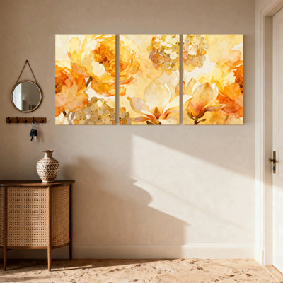 Plantes et fleurs, aquarelle florale, fleurs jaunes et jaunes, ensemble de 3 impressions sur toile