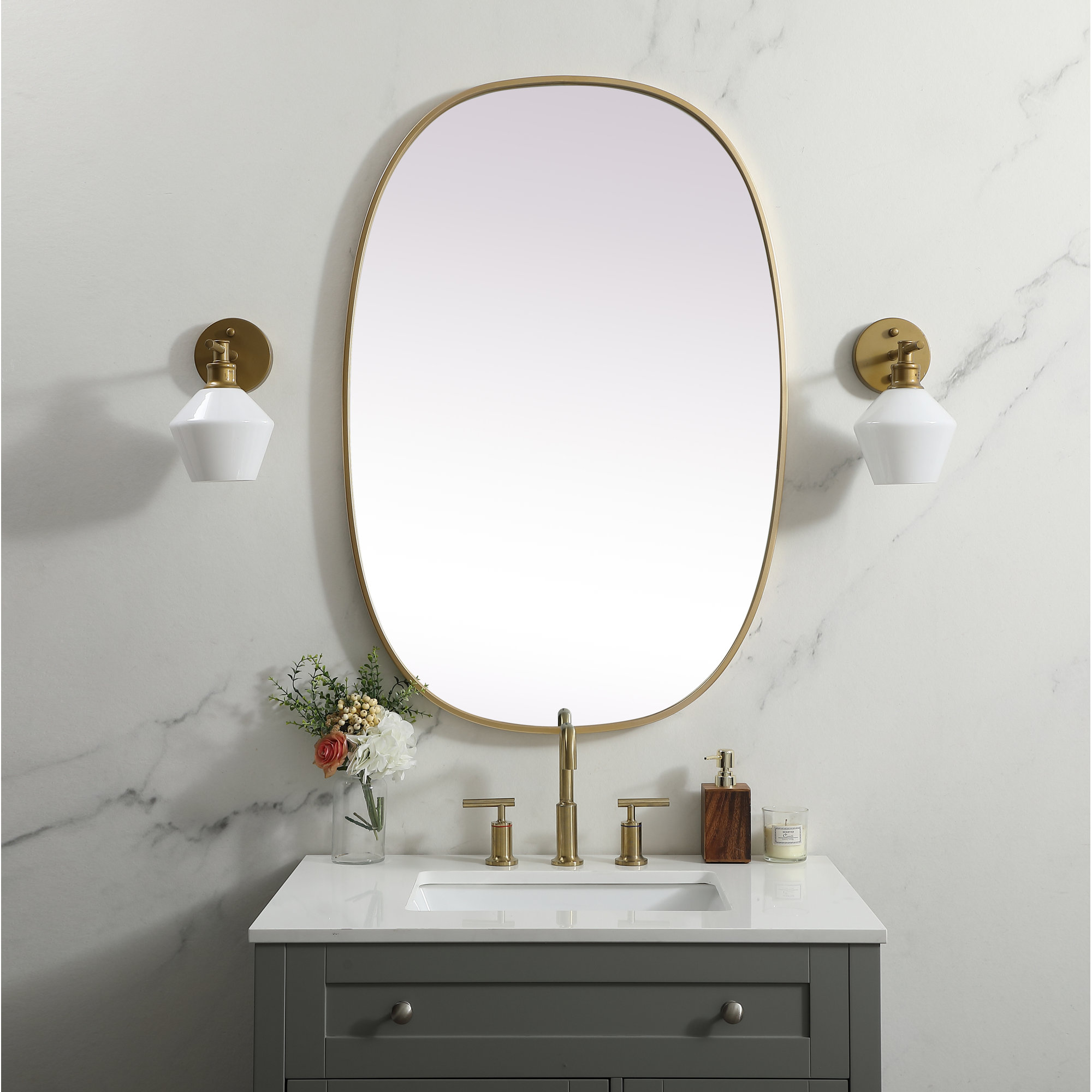 Sabine Metal Curved Oval Wall Mirror, 40" x 27", Brass