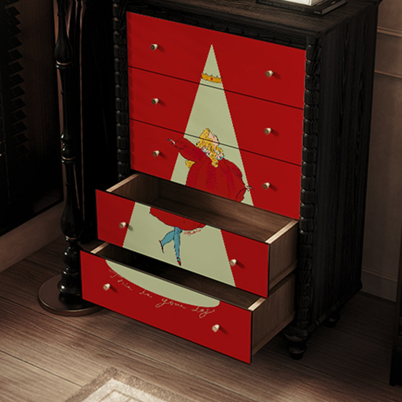 Armoire de rangement en bois massif crème à 5 tiroirs, Noir