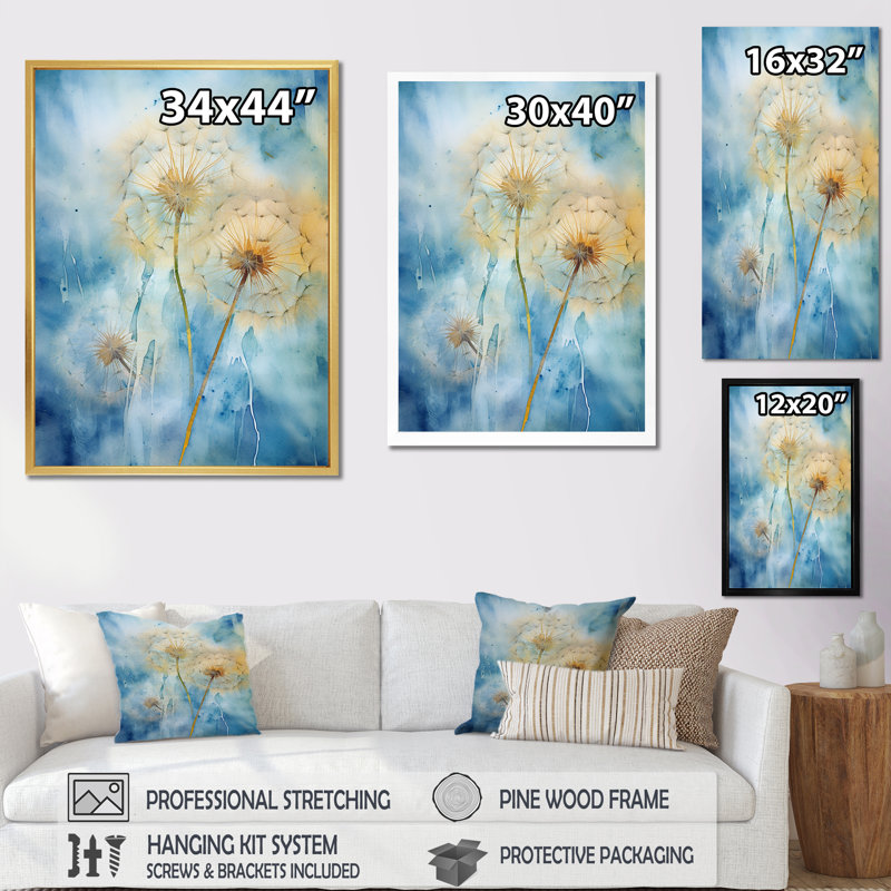 Rêves de pissenlit bleus sur toile, H 32 po x l 24 po x P 1 po, Cadre simple blanc