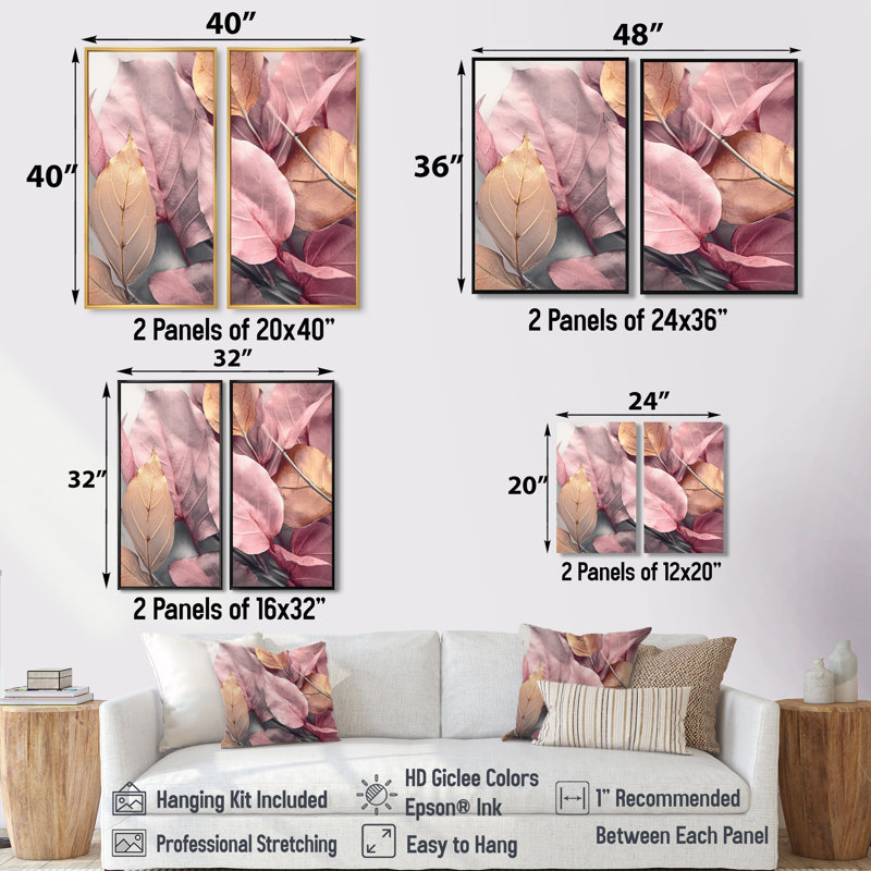 Or rose, feuilles et harmonie II - art mural floral, Impression encadrée flottante sans passe-partout, Noir