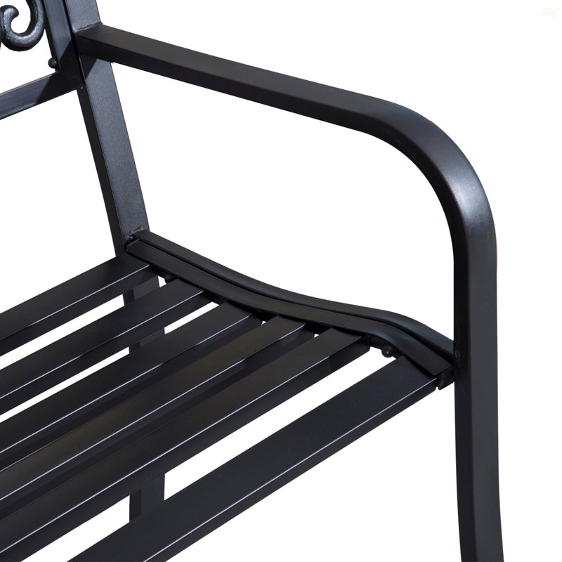 Outsunny 50" Outdoor Bench, Metal Garden Bench With Floral Pattern Backrest, Porch Bench With Slatted Seat For Park, Yard, Lawn, Black