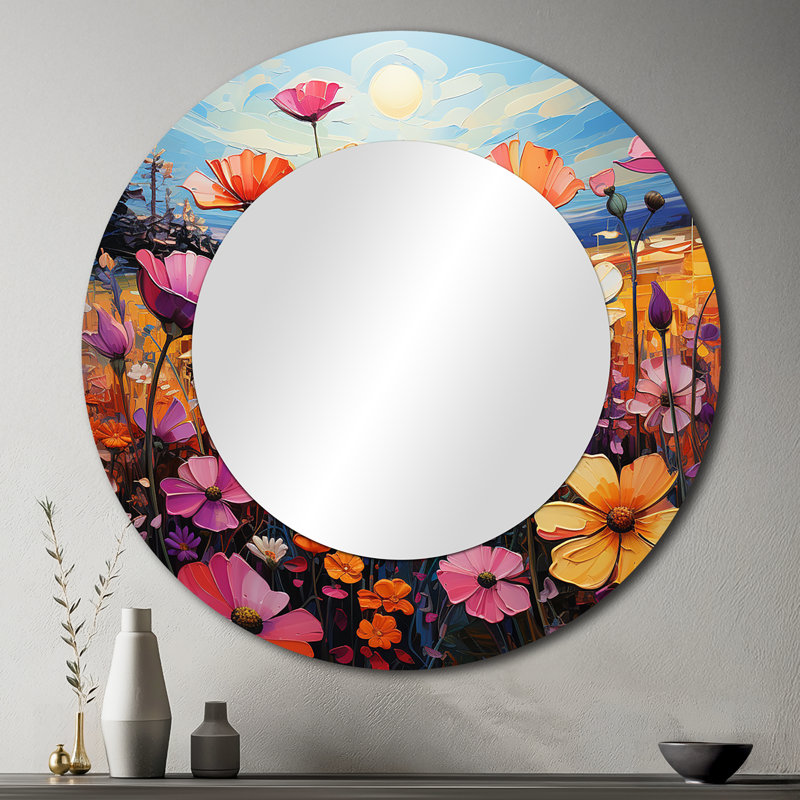 Mauve et jaune fleurs sauvages Symphony - grand miroir mural Wildflowers, miroir décoratif rond traditionnel, impression d'art en métal
