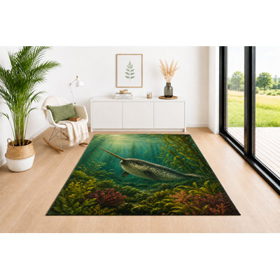 "Ultra Lightweight" 5'x7' Narwhal Underwater Area Rug, Soft Low Pile Indoor Carpet with Non-Slip Silicone Backing for Living Room, Bedroom, Dining Space, Office, Kids & Pets, Green