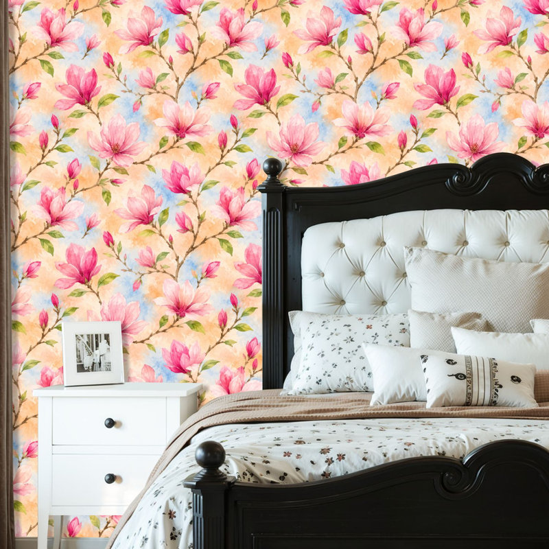 Papier auto-adhésif à peler et coller avec fleurs de magnolia roses auto-adhésives et amovibles 24 po x 118 po (60 x 300 cm)