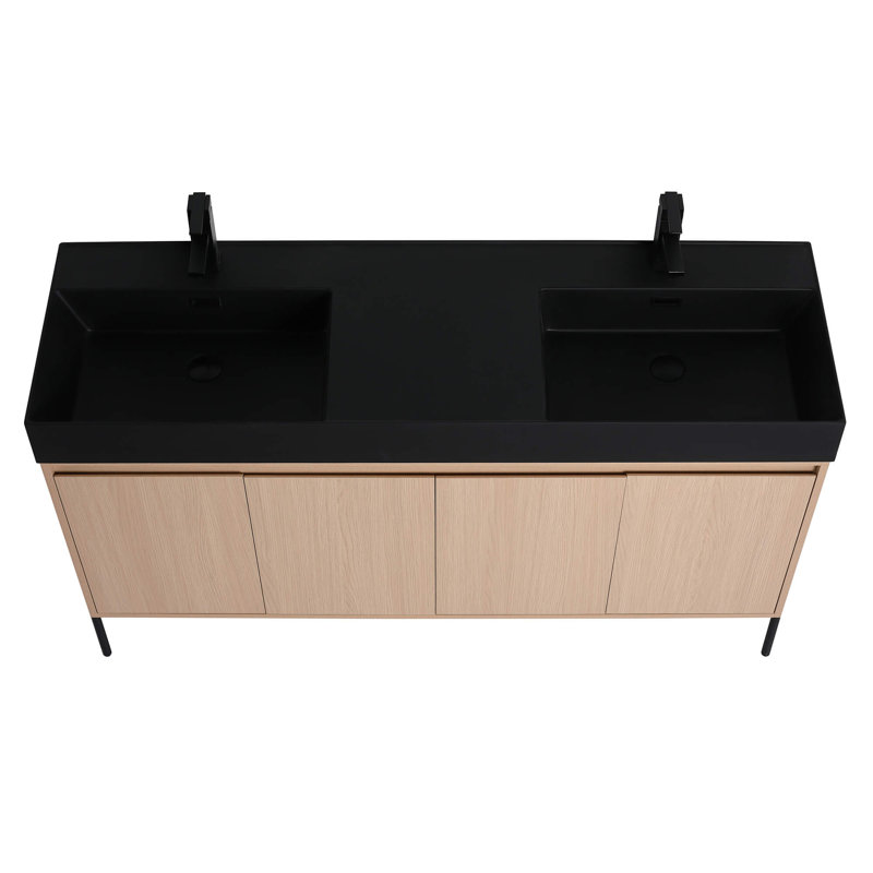 Ebern Designs Yordana Bathroom Vanity 60" Wide - Double Sink, Black, Oak