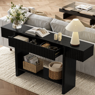 Modern fluted wood console table with storage 