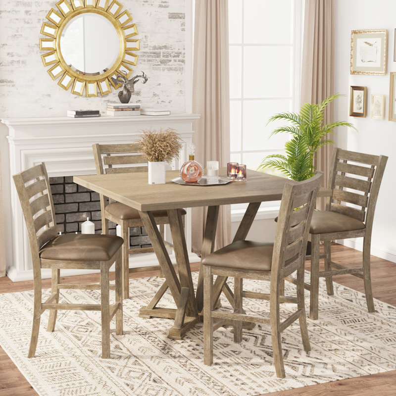 5pcs set Counter Table Set Square Counter Table Solid Wood Modern Farmhouse Rustic Look Distressed Look