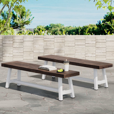 Ensemble de 2 bancs d'extérieur en bois, style industriel moderne, panneaux à lattes, 160 cm L x 37,7 cm P x 44,5 cm H. Fabriqués en bois, ces bancs esthétiques et résistants aux intempéries mesurent 156,5 cm x 44,4 cm.