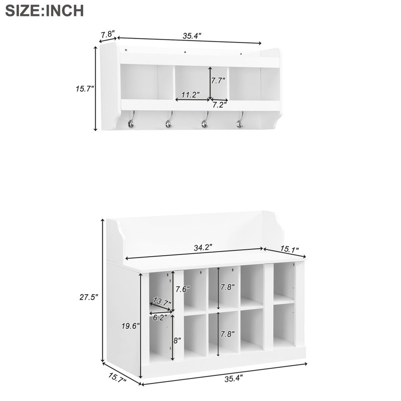 Shoe Storage Bench With Hall Tree And Wall Mounted Hooks, Black, 176lbs Support, Adjustable For Entryway, White