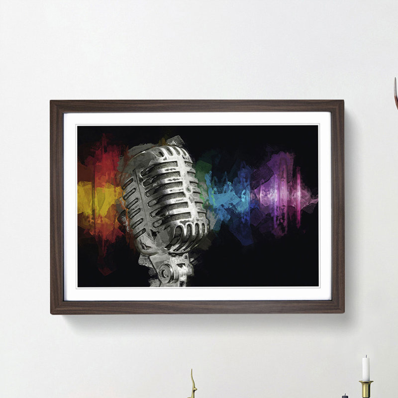 Silver Vocal Microphone in Abstract - Picture Frame Painting Print, 35cm H x 50cm W x 2cm D, Walnut