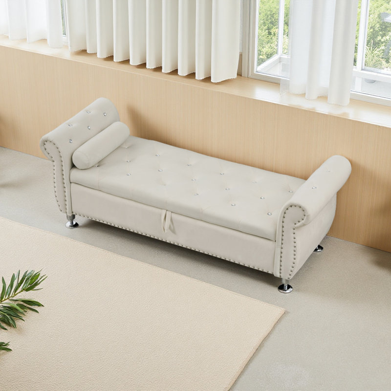 Banc de rangement en velours de 62,2 pouces avec boutons en cristal et 1 coussin pour la chambre à coucher et le salon, Beige