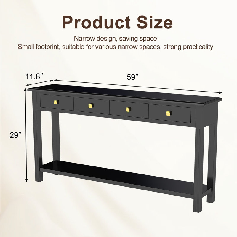  Table basse 60 po, console d'entrée moderne avec 4 tiroirs et tablette de rangement, noir