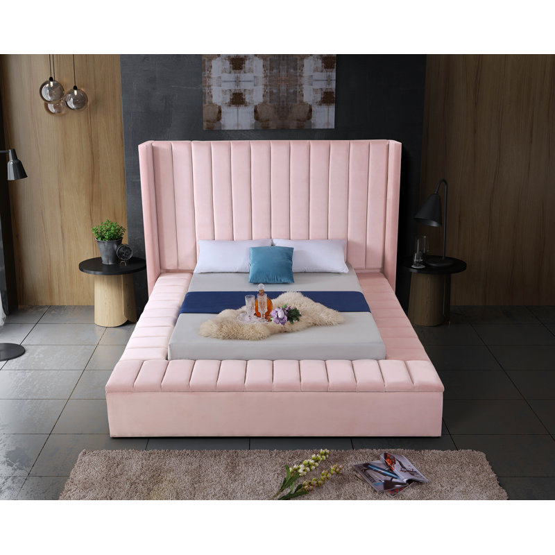 Rick Upholstered Wingback Bed, King, Pink Velvet