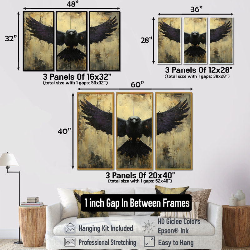 Ensemble de salon Black Native Ravens Wings - Native American Art Totem, Toile argentée avec cadre flottant
