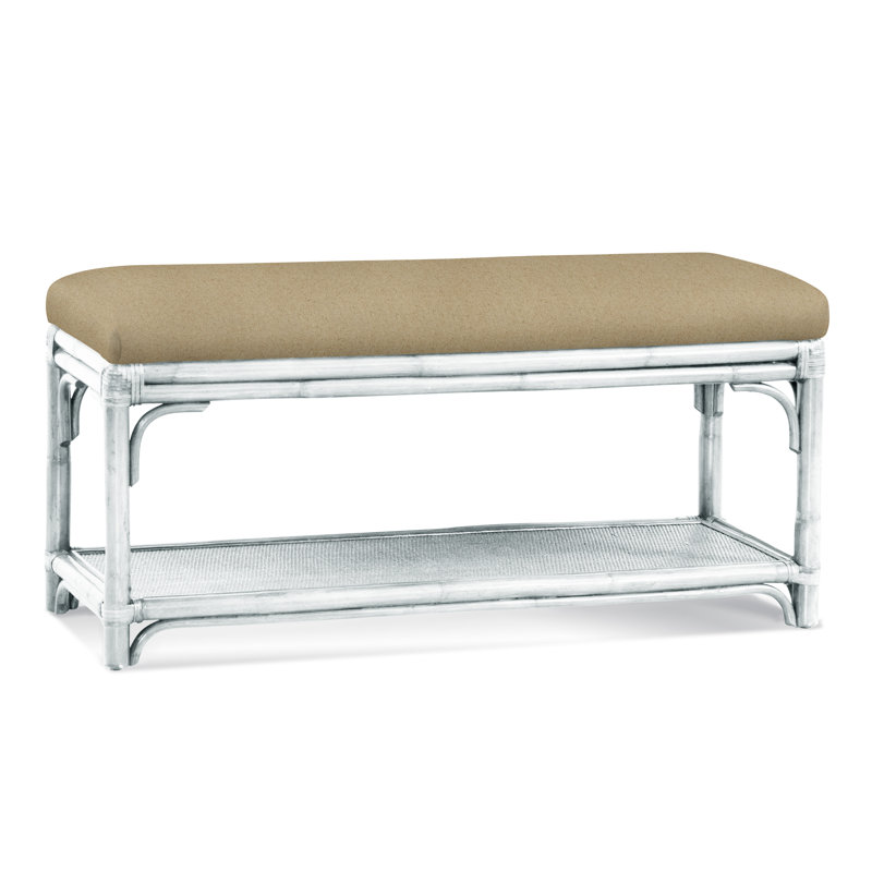 Summer Retreat Wicker Shelf Storage Bench, Frost White, Green and Blue Stripe; 0252-54