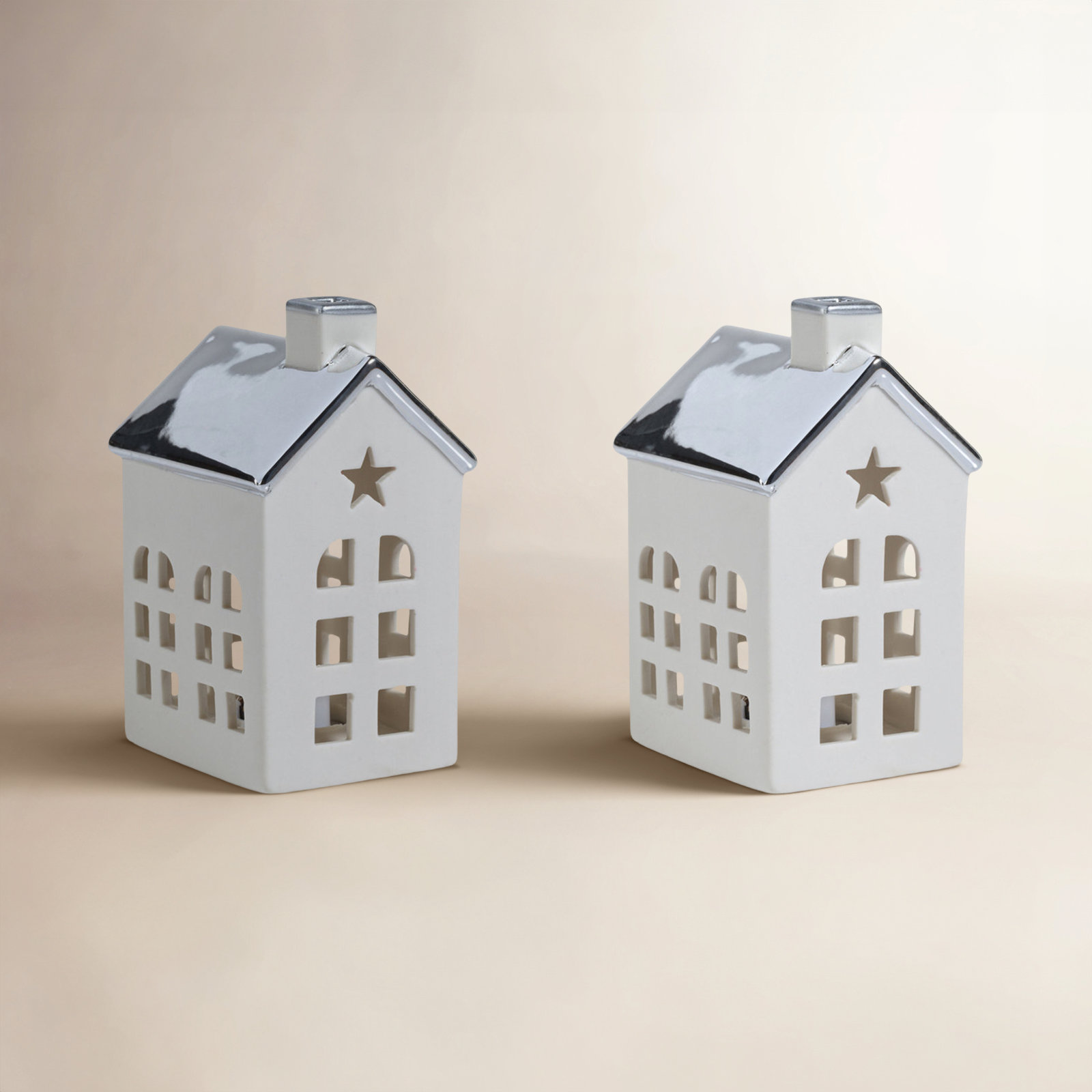 2-Piece Lighted Porcelain Village House Set, 4.25" H x 3" W x 2.5" D, Silver/White