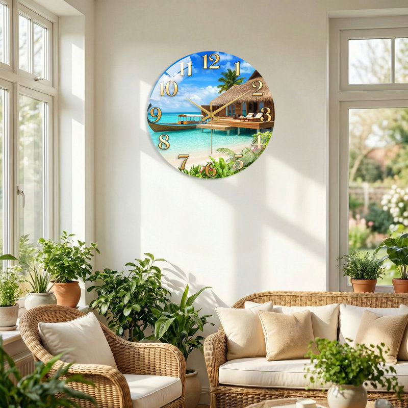 Horloge murale décorative en verre Tropical Paradise, 60 x 60 cm (23,6 x 23,6 pouces)