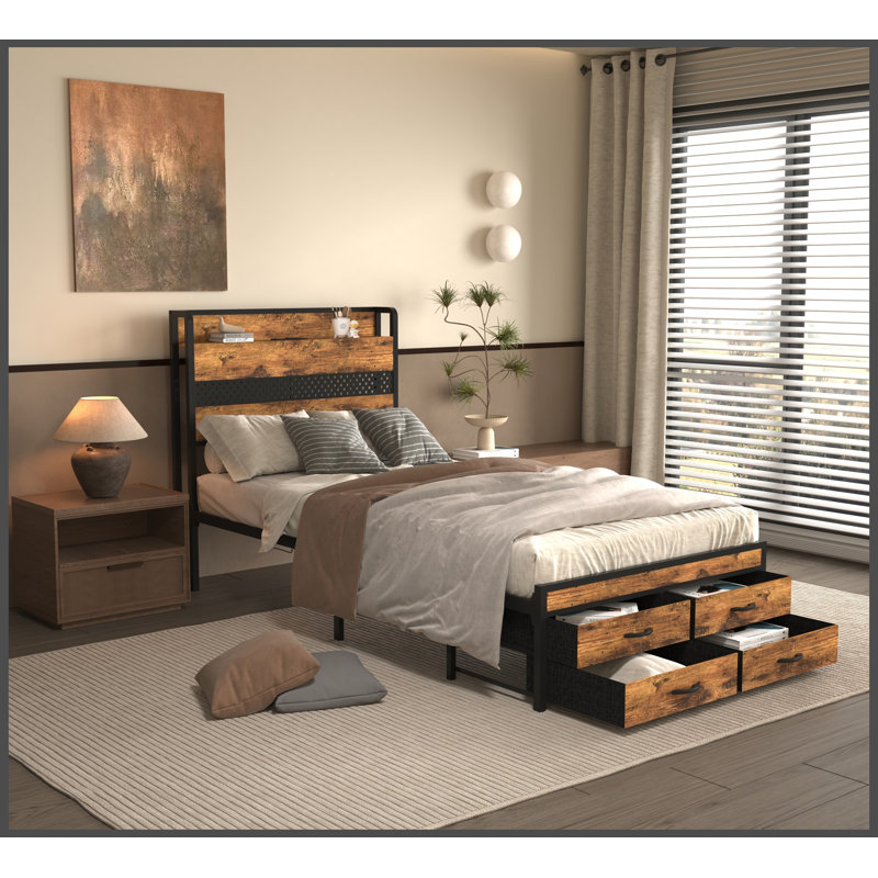 Lit plateforme simple en métal avec tiroirs de rangement, aucun sommier requis, tête de lit