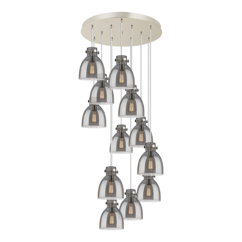 Luminaire suspendu 12 lumières Amrith, Gris fumée clair, Nickel poli