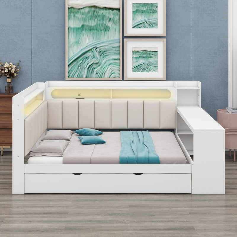 Modern Daybed System Combining Workspace, Open Shelving, and Hidden Trundle, Equipped with Smart Charging Ports and Customizable LED Lights