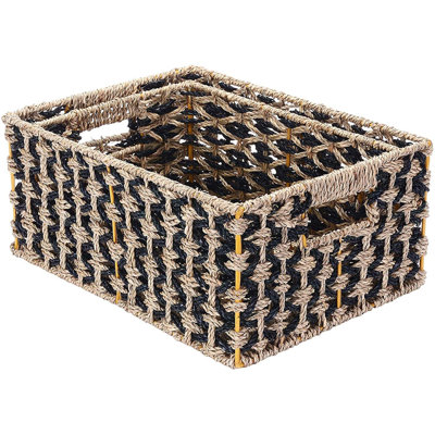  Villacera Rectangle Hand Weaved Wicker Baskets made of Water Hyacinth- Nesting Black and Natural Seagrass Bins  - Set of 2