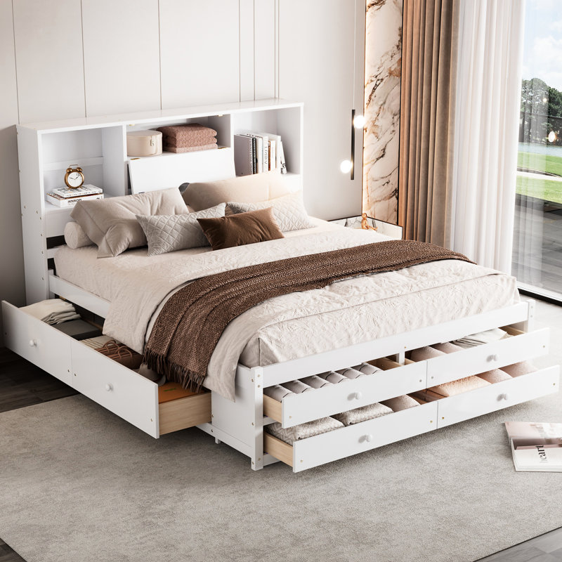Grand lit plateforme avec rangement et 8 tiroirs - Tête de lit en bois massif blanc durable