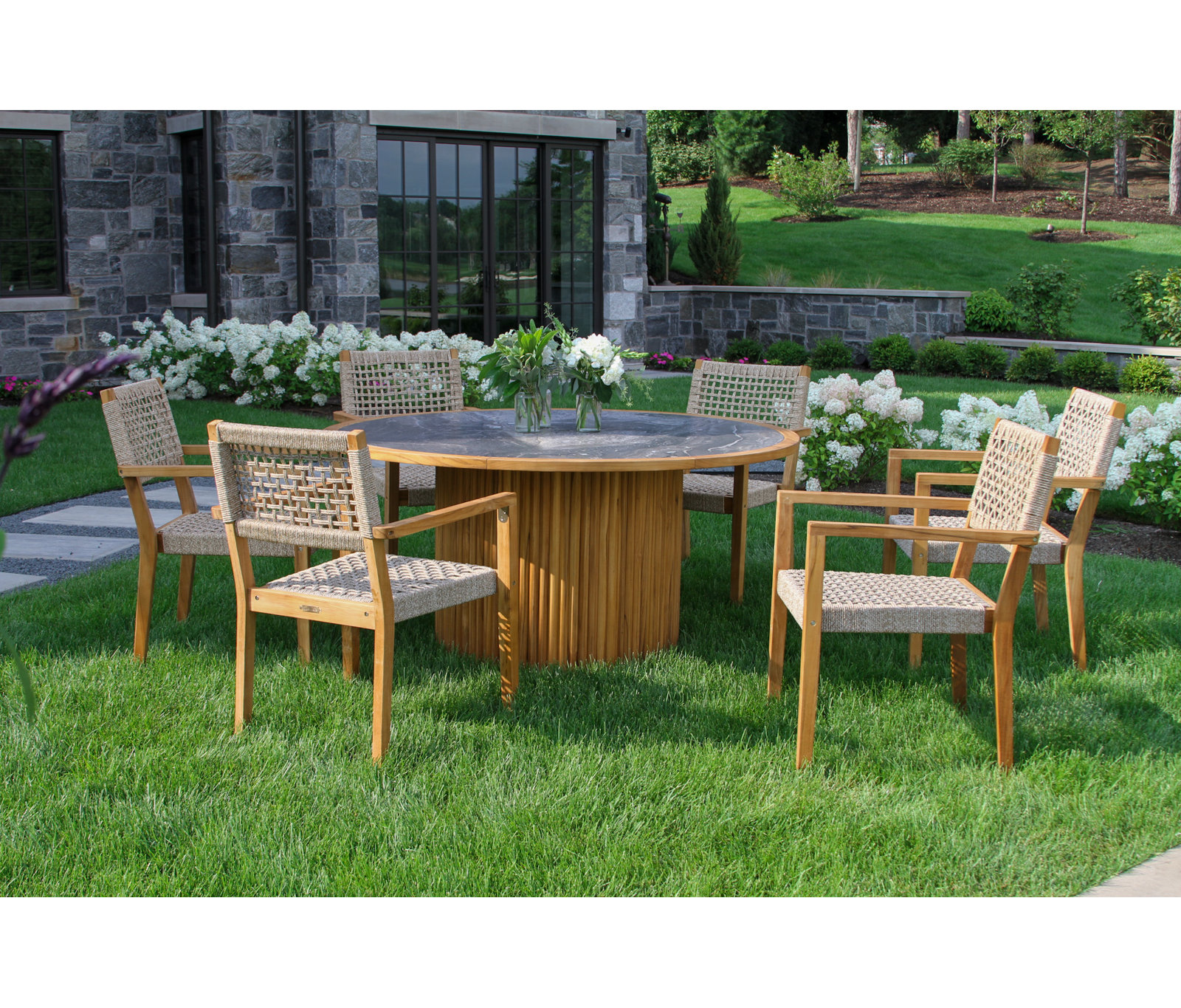 Cava 7 Pc. Round Teak & Stone Dining Table With Nautical Rope Armchairs, Gray, White/Natural