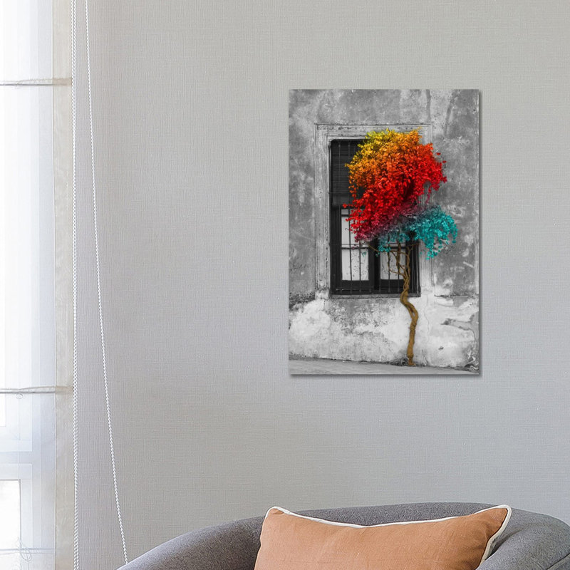 Arbre en face de la fenêtre arc-en-ciel couleur pop - giclée sur toile tendue avec châssis, H 26 po x l 18 po