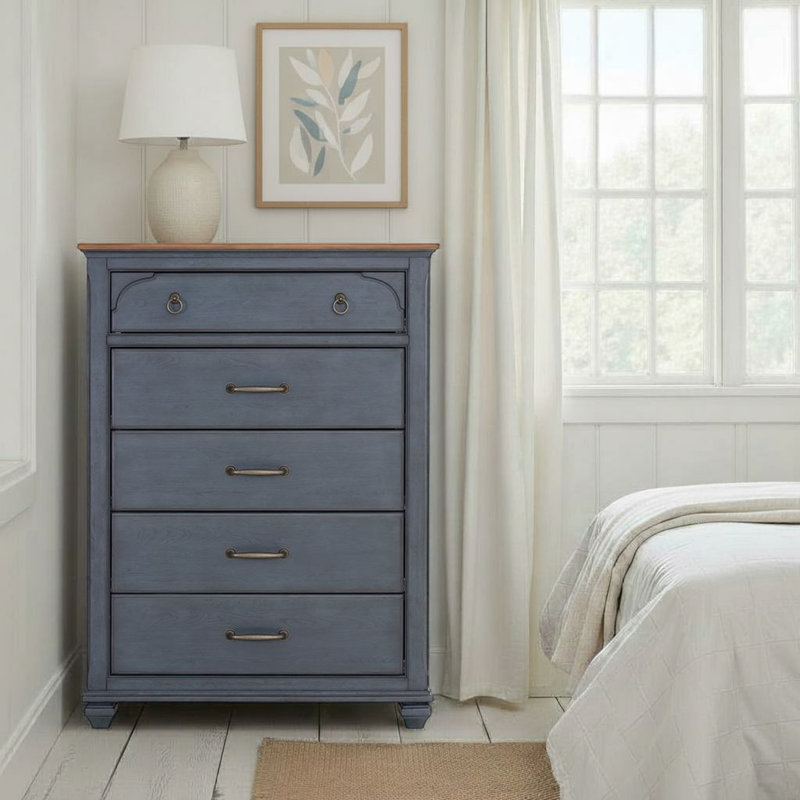 Wauneta 5-Drawer Fully Assembled Chest of Drawers, Farmhouse Coastal Tall Dresser with Soft-Close Drawers & Felt-Lined Top Drawer
