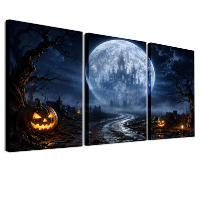 Château hanté sous la pleine lune avec des décorations lumineuses d'Halloween - Ensemble de 3 toiles murales