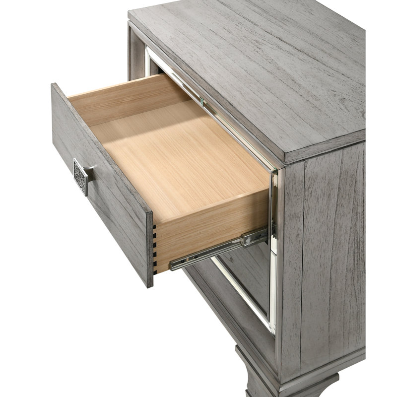 Table de chevet Contemporary Mirrored Accents 2 en gris - bois massif stable avec 2 tiroirs