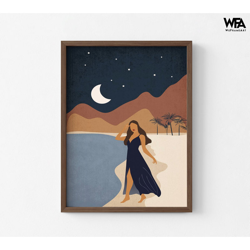 Illustration féminine, impression de l'affiche de la lune, plage, décoration de chambre à coucher bohémienne, Brun