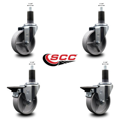 Semi Steel Wheel Swivel Expanding Stem Caster Set 2 Brakes SCC PLB 4" x 1-1/4"