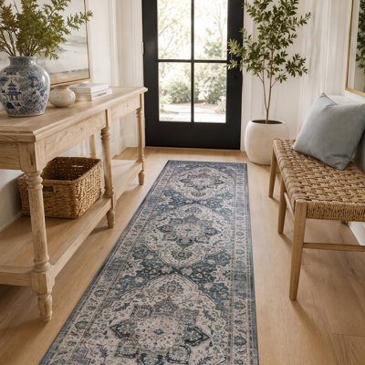 Vintage Medallion Coastal Blue Machine Washable Non-Slip Backing Area Rug