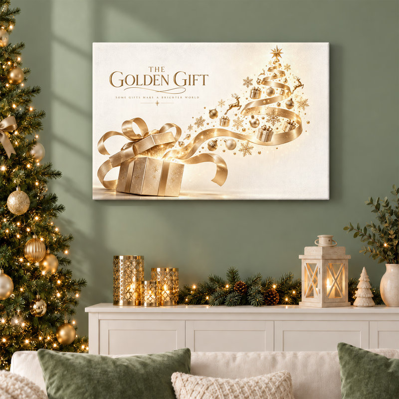 Toile de Noël dorée et ruban rougeoyant, art mural sur toile de Noël, H 12 po x l 18 po