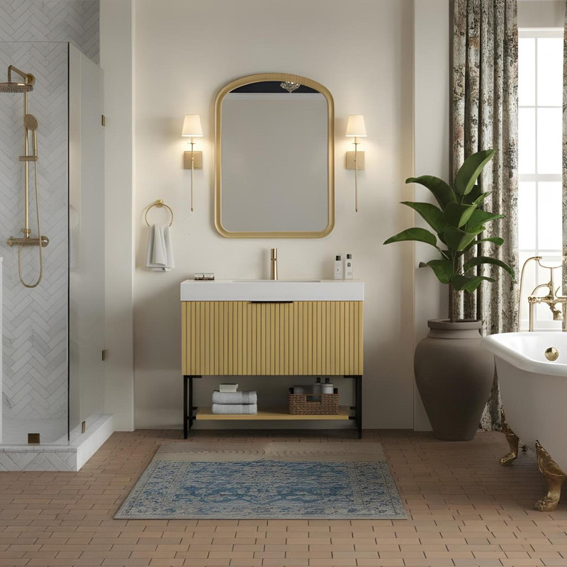 Meuble-lavabo autoportant en contreplaqué avec lavabo et tablettes ouvertes, Chêne doré, 35", Blanc