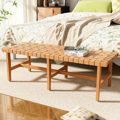 Wood Bedroom Bench With Woven Pu Leather, Ideal For Seating And Space Enhancement - 53.95 In Depth, 16.95 Width, 17.25 Height Practical Leather Bedroom, Adds Utility